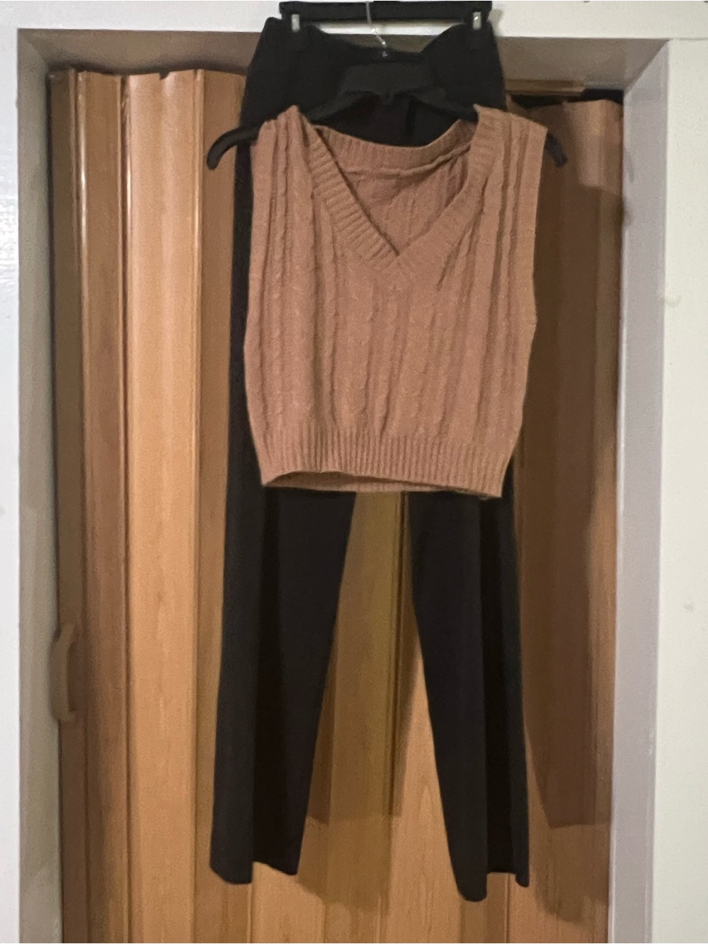 Brown Knit V-Neck Sweater Vest and Black Pants Set